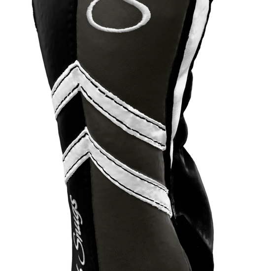 Right-Side view of a Black, Gray, White, and Black Retro-T Fairway Headcover with Dual-V stripe and split seam