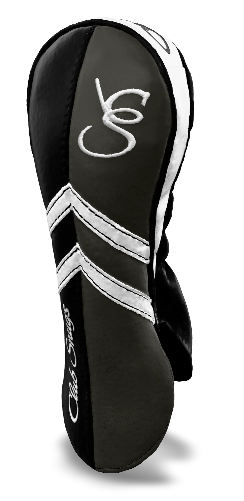 Right-Side view of a Black, Gray, White, and Black Retro-T Fairway Headcover with Dual-V stripe and split seam