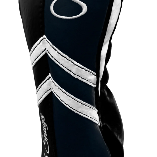 Right-Side view of a Black, Navy, White, and Black Retro-T Fairway Headcover with Dual-V stripe and split seam