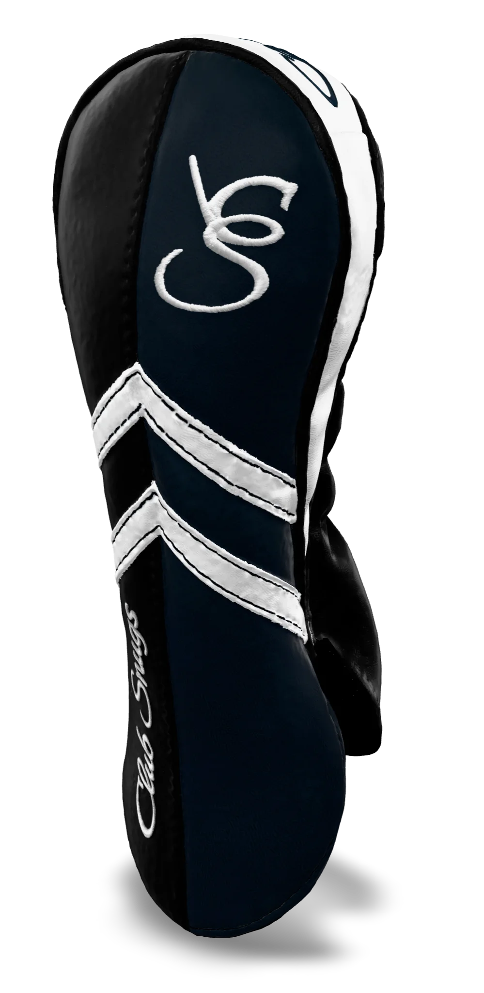 Right-Side view of a Black, Navy, White, and Black Retro-T Fairway Headcover with Dual-V stripe and split seam
