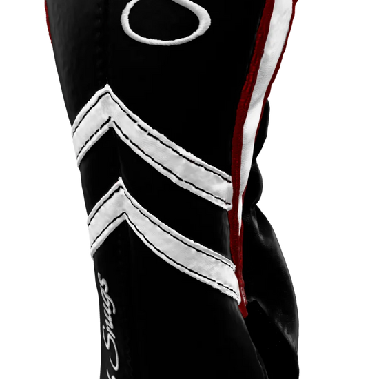 Right-Side view of a Black, Black, White, and Red Retro-T Fairway Headcover with Dual-V stripe and split seam
