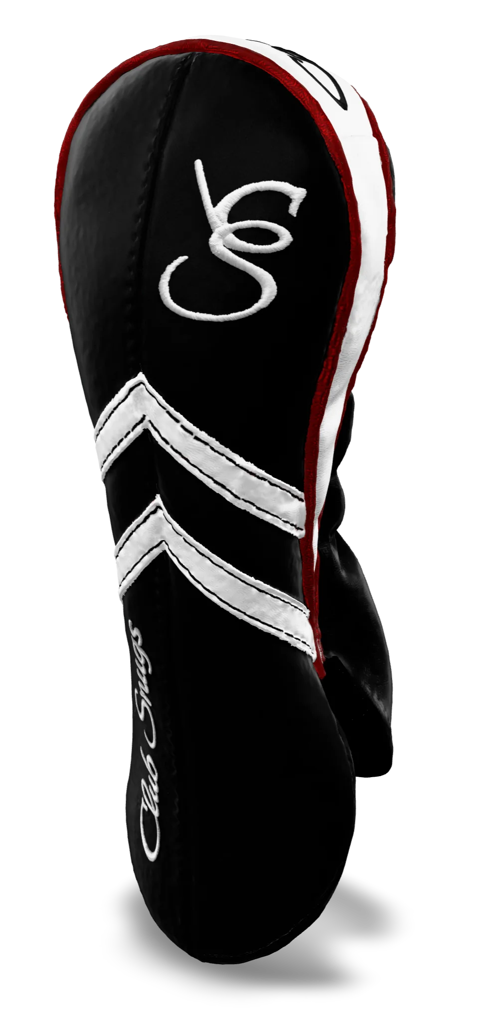 Right-Side view of a Black, Black, White, and Red Retro-T Fairway Headcover with Dual-V stripe and split seam