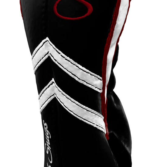 Right-Side view of a Black, Black, White, and Red Retro-T Fairway Headcover with Dual-V stripe and split seam