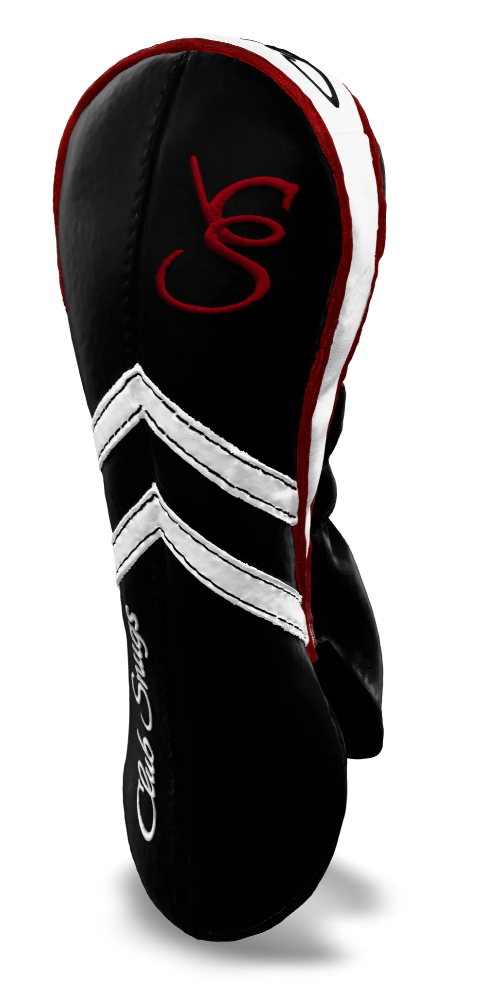 Right-Side view of a Black, Black, White, and Red Retro-T Fairway Headcover with Dual-V stripe and split seam