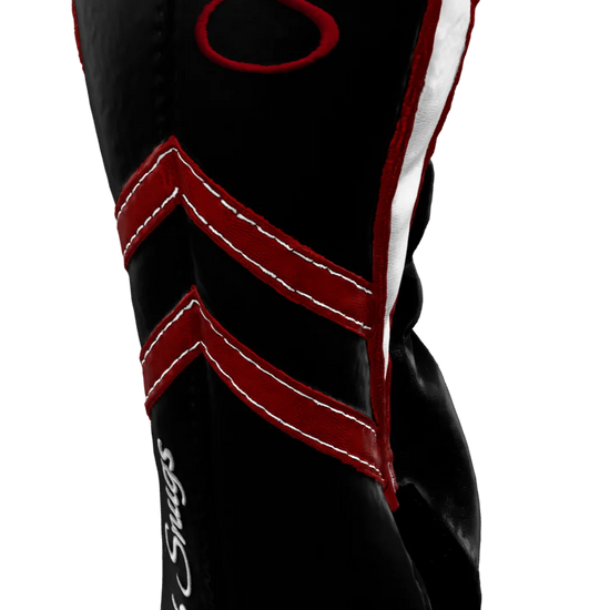 Right-Side view of a Black, Black, Red, and Red Retro-T Fairway Headcover with Dual-V stripe and split seam
