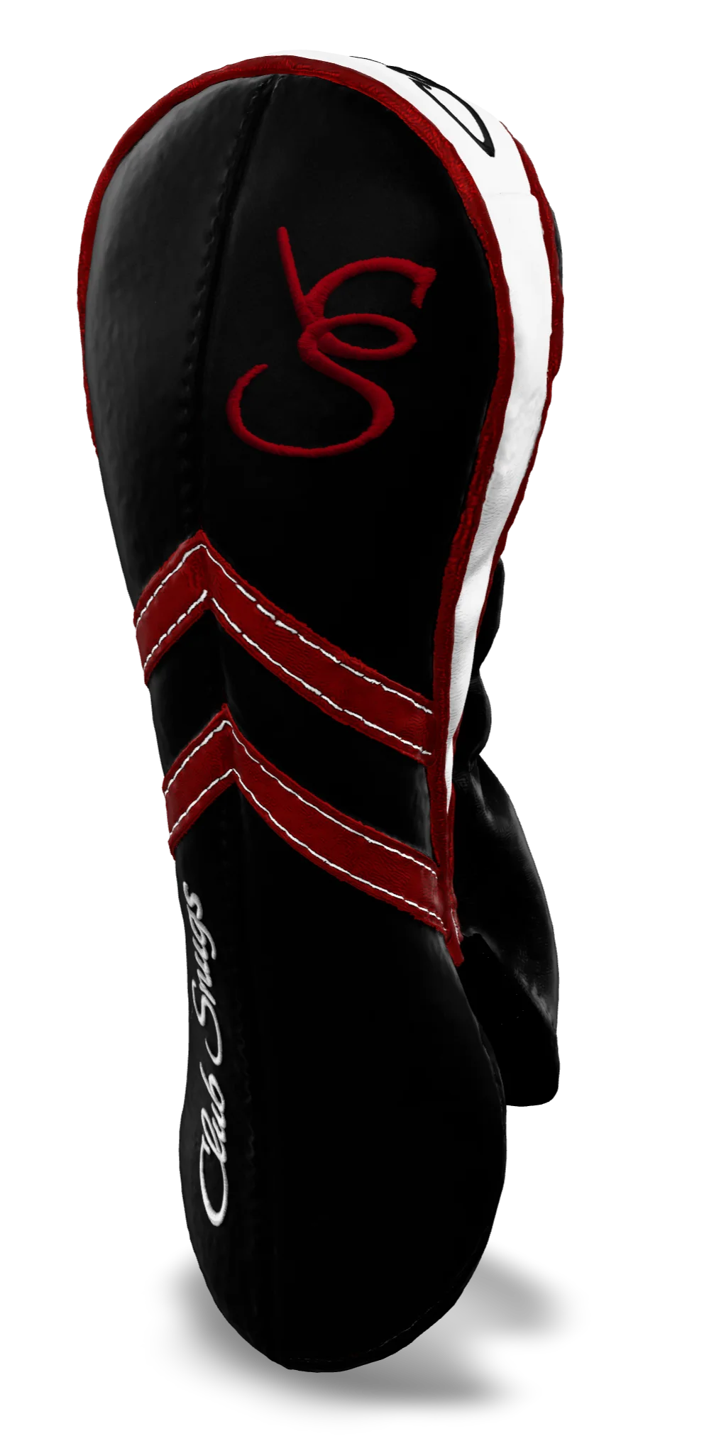 Right-Side view of a Black, Black, Red, and Red Retro-T Fairway Headcover with Dual-V stripe and split seam