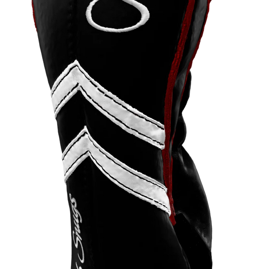 Right-Side view of a Black, Black, White, and Red Retro-T Fairway Headcover with Dual-V stripe and split seam