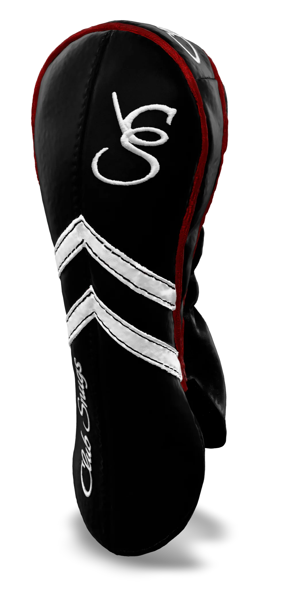 Right-Side view of a Black, Black, White, and Red Retro-T Fairway Headcover with Dual-V stripe and split seam