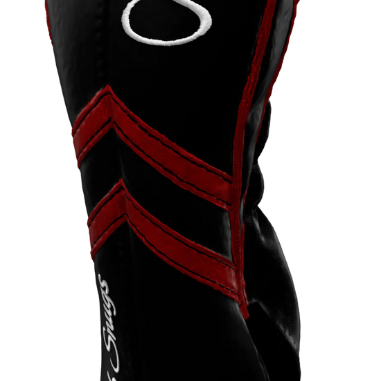 Right-Side view of a Black, Black, Red, and Red Retro-T Fairway Headcover with Dual-V stripe and split seam