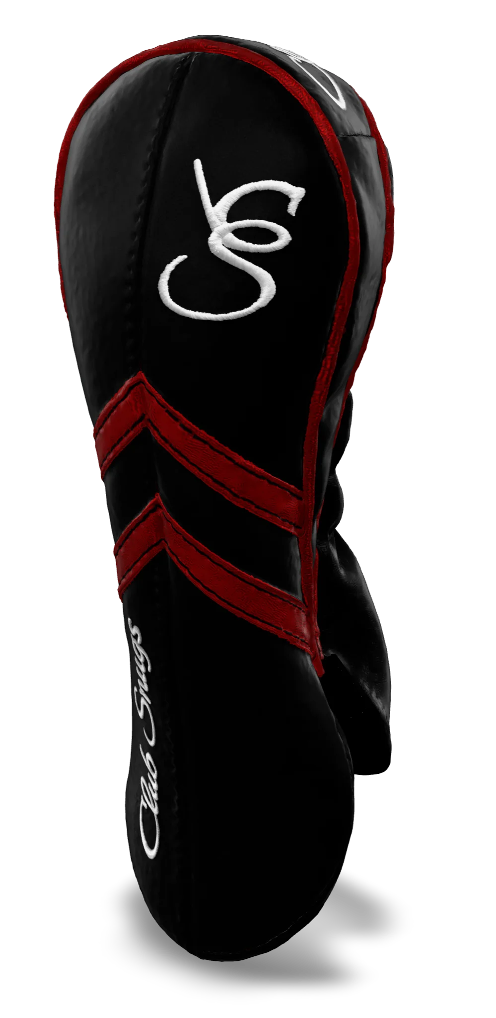 Right-Side view of a Black, Black, Red, and Red Retro-T Fairway Headcover with Dual-V stripe and split seam