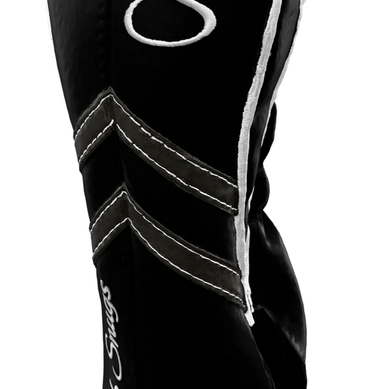 Right-Side view of a Black, Black, Gray, and White Retro-T Fairway Headcover with Dual-V stripe and split seam