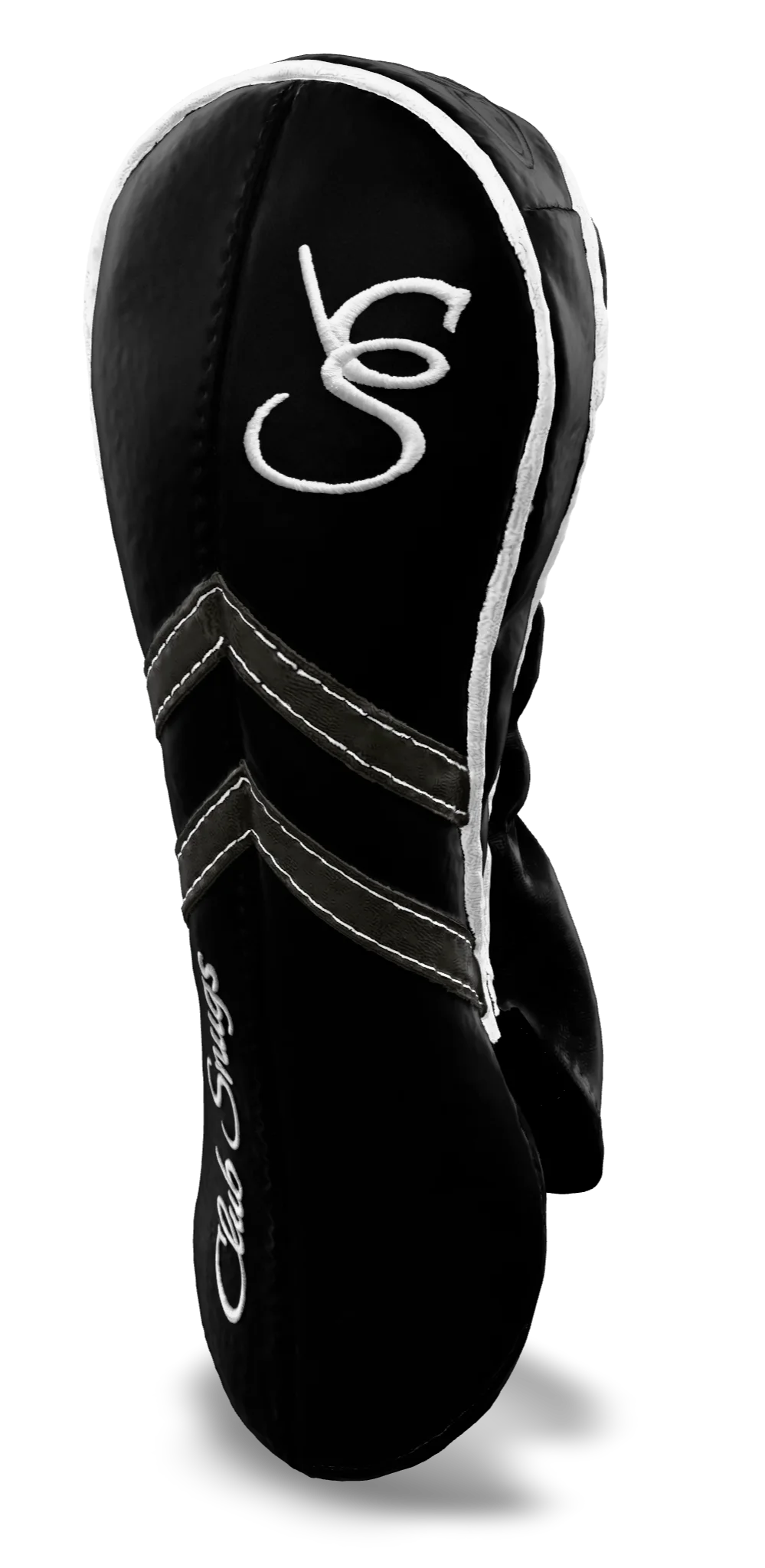 Right-Side view of a Black, Black, Gray, and White Retro-T Fairway Headcover with Dual-V stripe and split seam