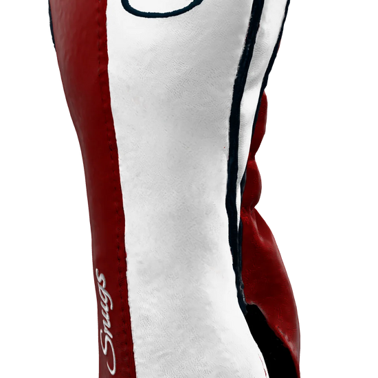 Right-Side view of a Bold Red, White, Navy, and Navy Classic Fairway Headcover with split seam