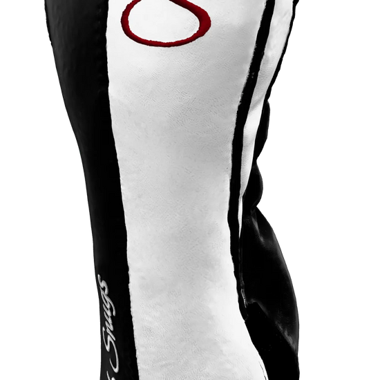 Right-Side view of a Bold Black, White, Black, and Red Classic Fairway Headcover with split seam