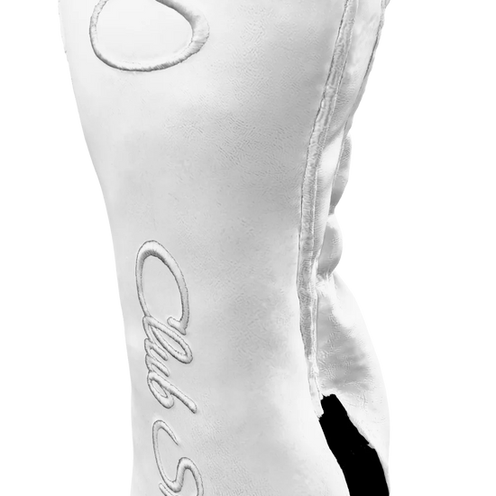 Right-Side view of a White, White, White, and White Shield Fairway Headcover with bold branding