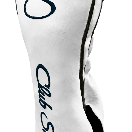 Right-Side view of a White, Gray, Navy, and Navy Shield Fairway Headcover with bold branding