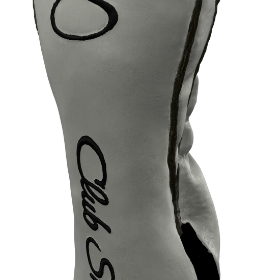 Right-Side view of a Light Gray, Gray, Black, and Black Shield Fairway Headcover with bold branding
