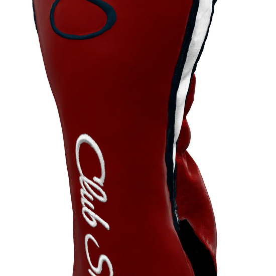 Right-Side view of a Red, Navy, White, and Navy Shield Fairway Headcover with bold branding
