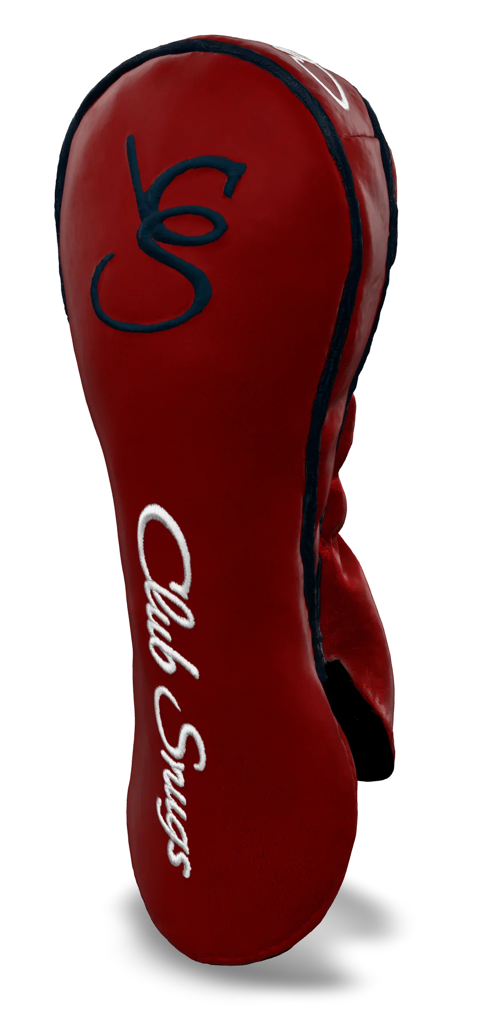 Right-Side view of a Red, Navy, White, and Navy Shield Fairway Headcover with bold branding
