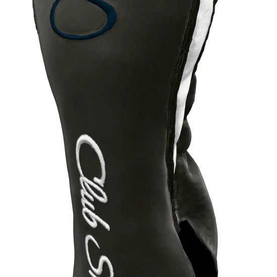 Right-Side view of a Gray, Gray, White, and Navy Shield Fairway Headcover with bold branding