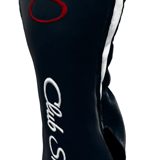 Right-Side view of a Navy, Navy, White, and Red Shield Fairway Headcover with bold branding