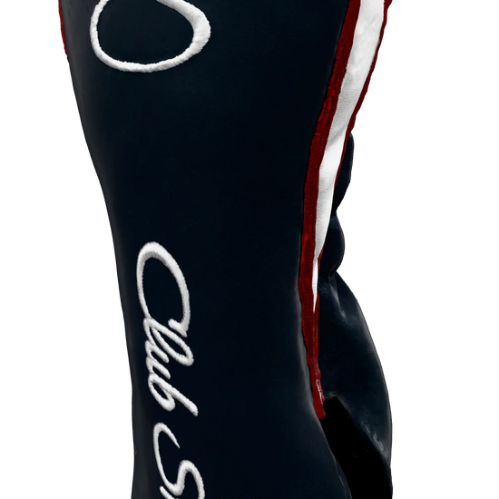 Right-Side view of a Navy, Red, White, and White Shield Fairway Headcover with bold branding