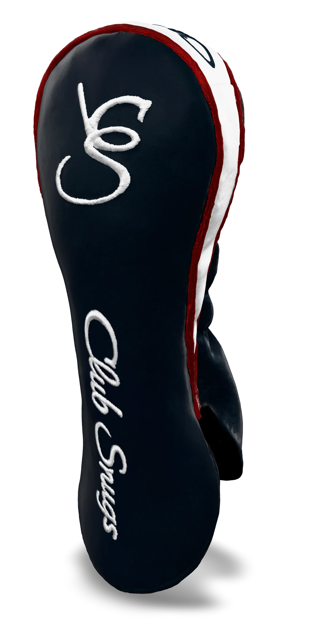 Right-Side view of a Navy, Red, White, and White Shield Fairway Headcover with bold branding