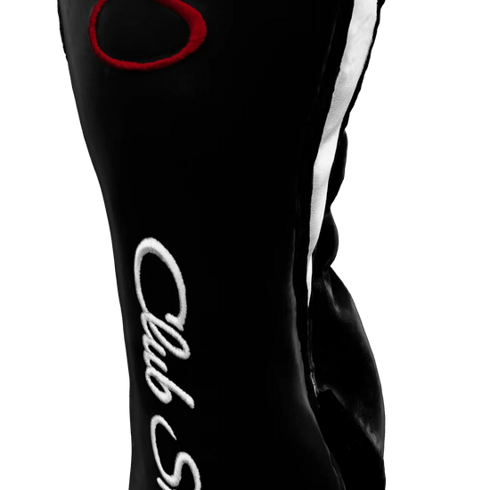 Right-Side view of a Black, Black, White, and Red Shield Fairway Headcover with bold branding