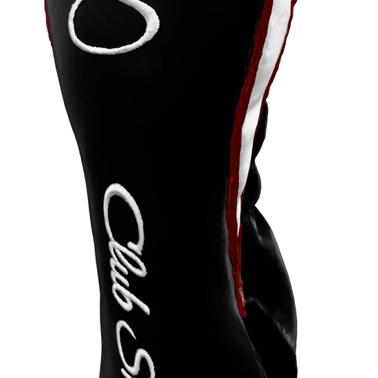 Right-Side view of a Black, Red, White, and White Shield Fairway Headcover with bold branding
