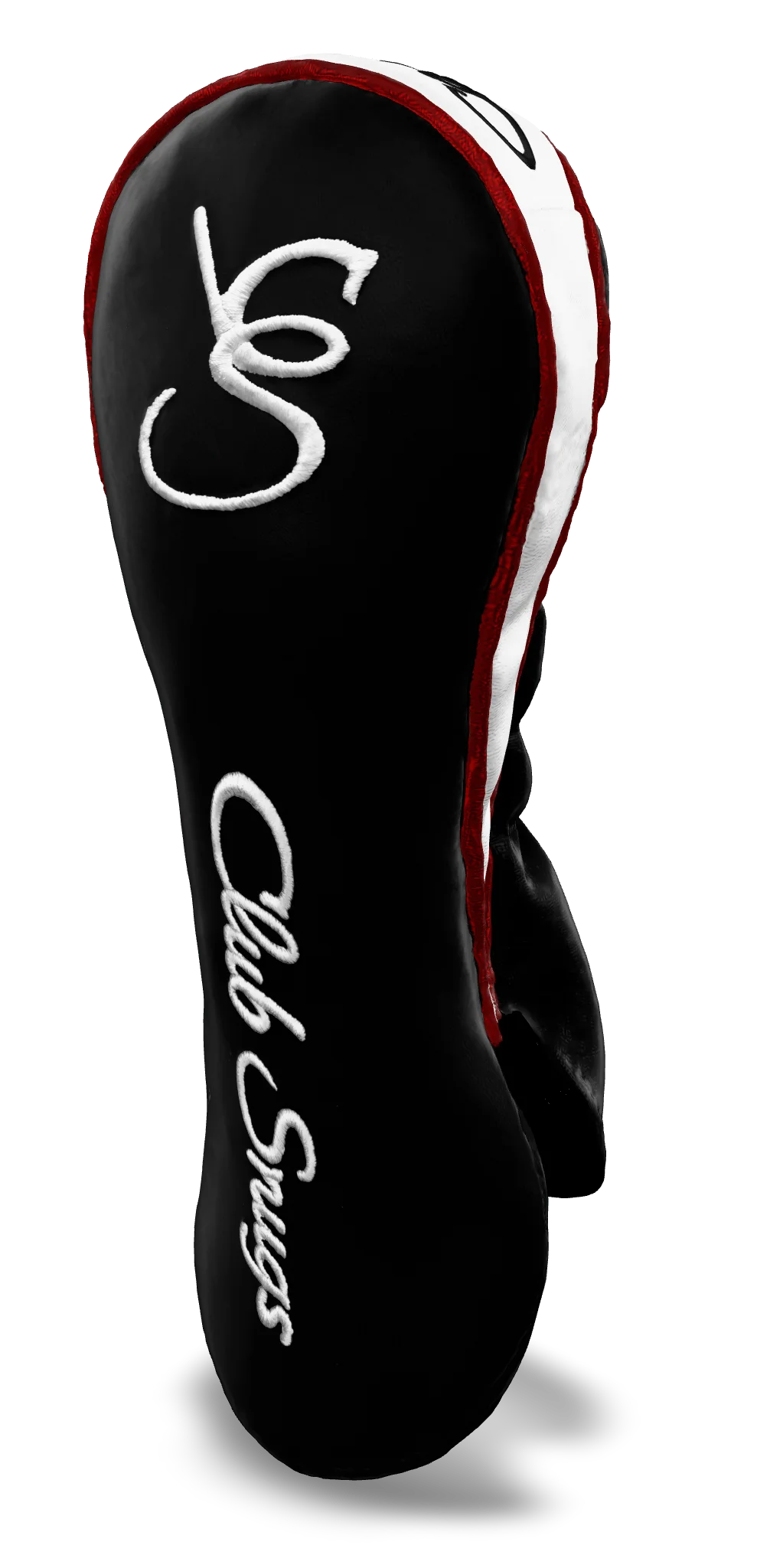 Right-Side view of a Black, Red, White, and White Shield Fairway Headcover with bold branding