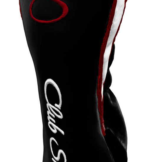 Right-Side view of a Black, Red, White, and Red Shield Fairway Headcover with bold branding