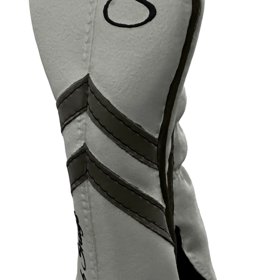 Right-Side view of a Light Gray, Light Gray, Gray, and Gray Retro-T Hybrid Headcover with Dual-V stripe and split seam
