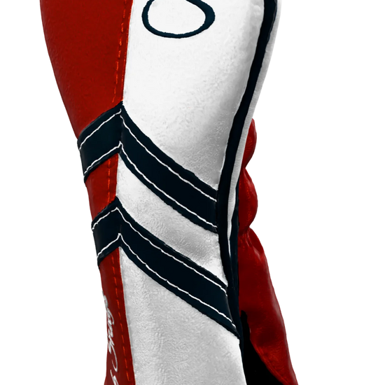 Right-Side view of a Red, White, Navy, and Navy Retro-T Hybrid Headcover with Dual-V stripe and split seam