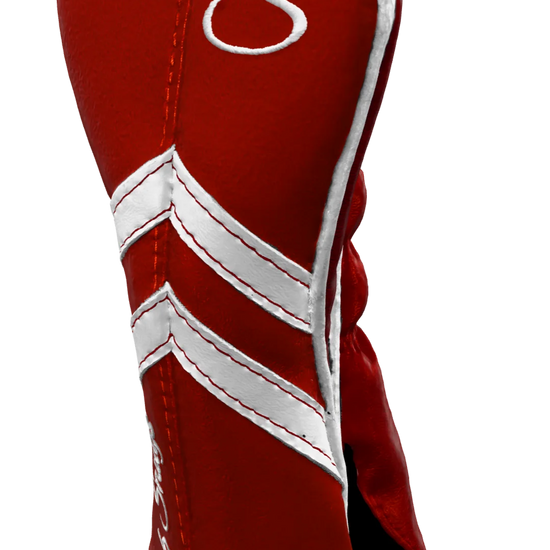 Right-Side view of a Red, Red, White, and White Retro-T Hybrid Headcover with Dual-V stripe and split seam