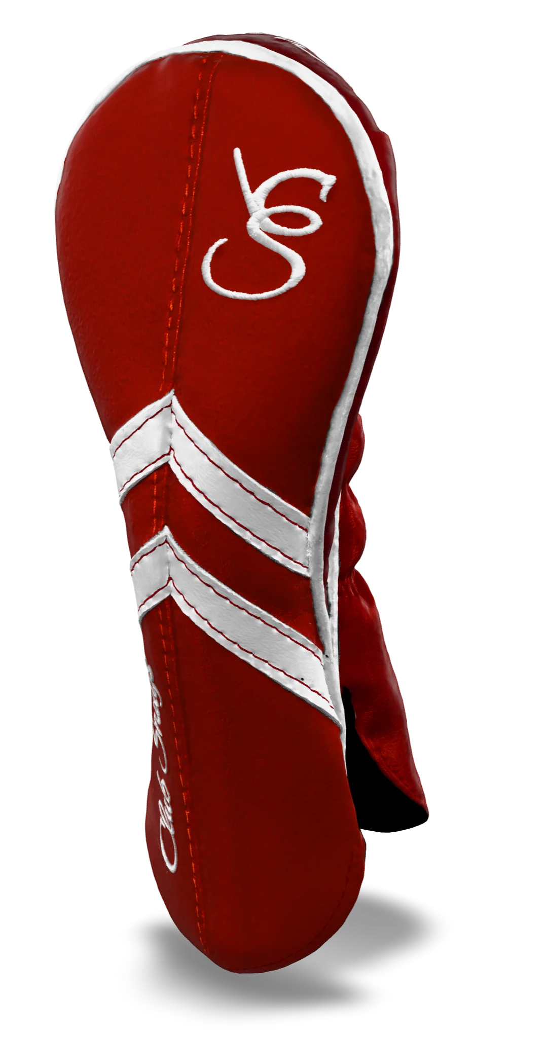 Right-Side view of a Red, Red, White, and White Retro-T Hybrid Headcover with Dual-V stripe and split seam