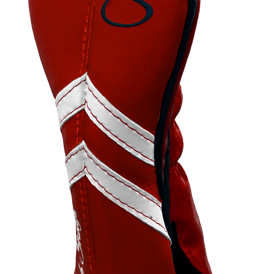 Right-Side view of a Red, Red, White, and Navy Retro-T Hybrid Headcover with Dual-V stripe and split seam