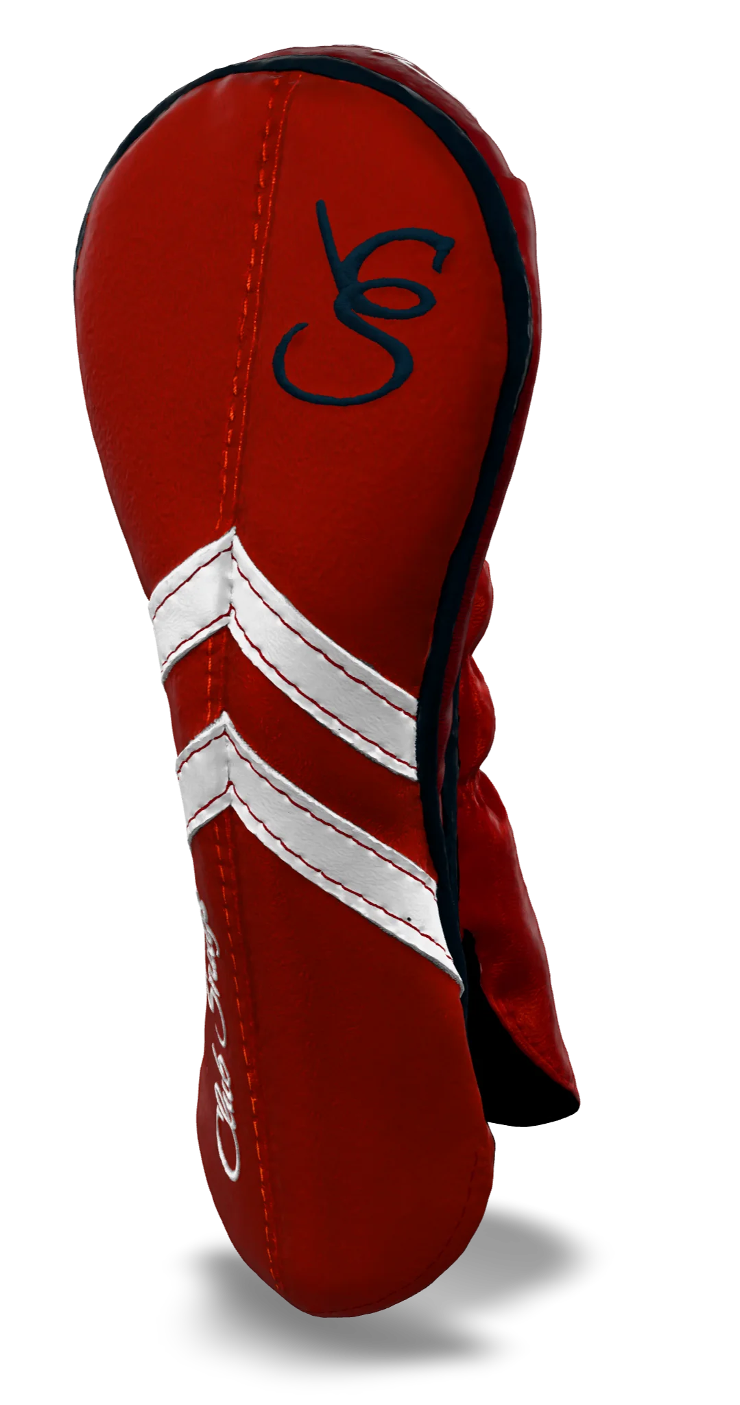 Right-Side view of a Red, Red, White, and Navy Retro-T Hybrid Headcover with Dual-V stripe and split seam