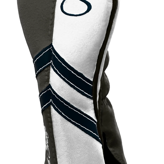 Right-Side view of a Gray, White, Navy, and Gray Retro-T Hybrid Headcover with Dual-V stripe and split seam