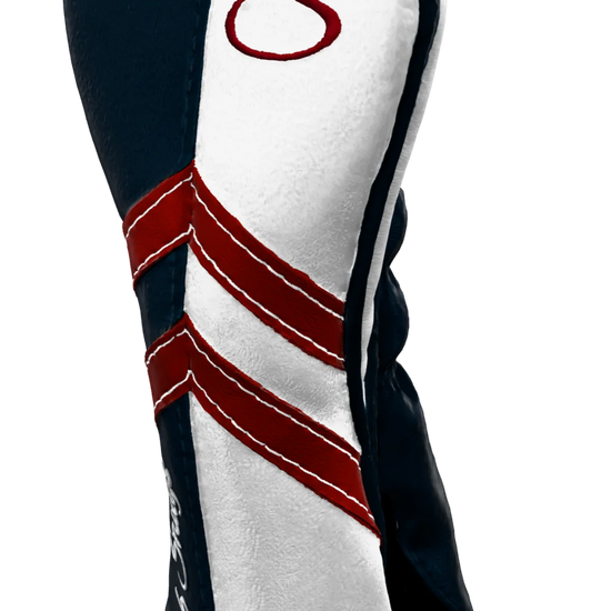 Right-Side view of a Navy, White, Red, and Navy Retro-T Hybrid Headcover with Dual-V stripe and split seam