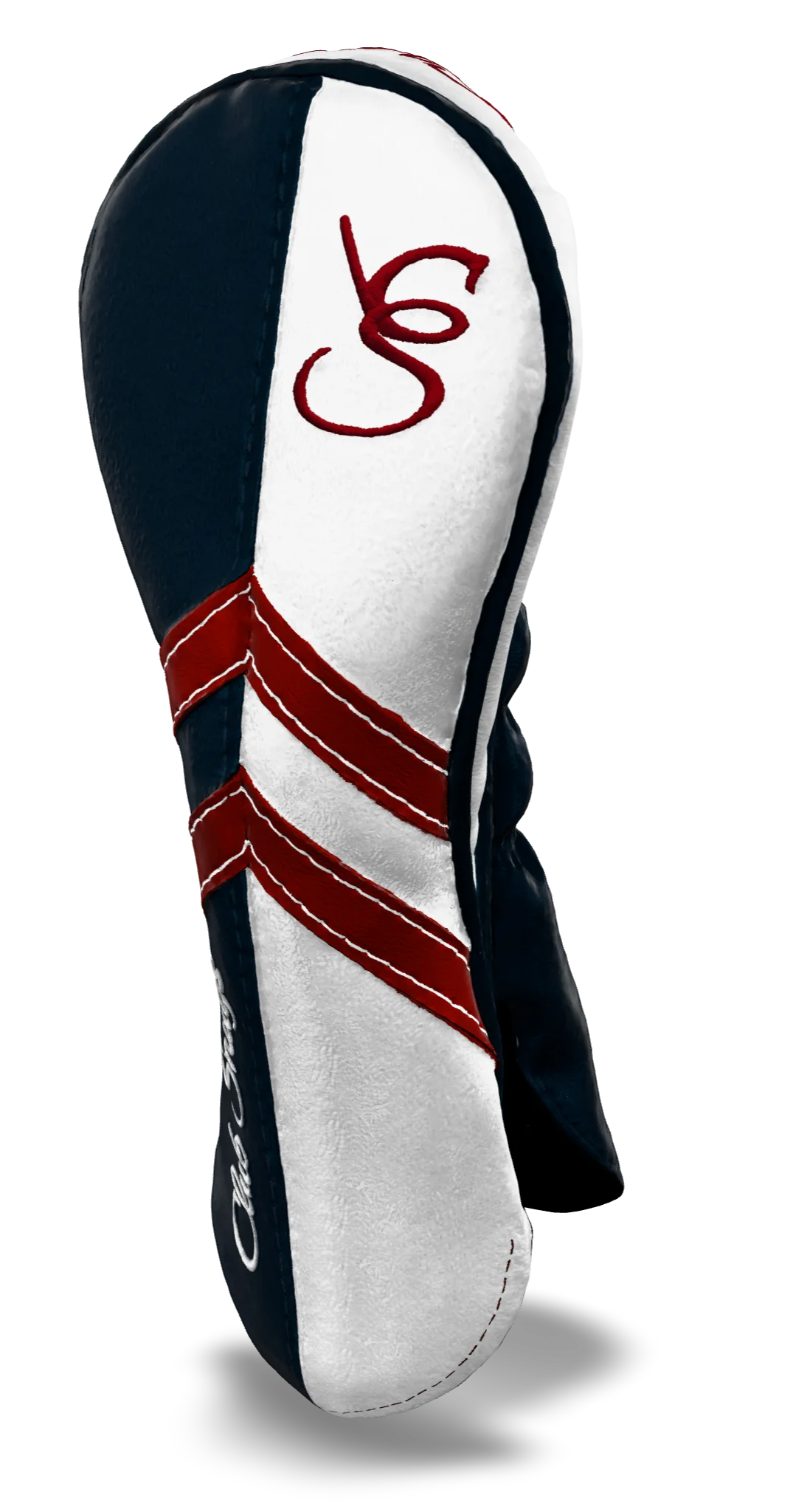 Right-Side view of a Navy, White, Red, and Navy Retro-T Hybrid Headcover with Dual-V stripe and split seam