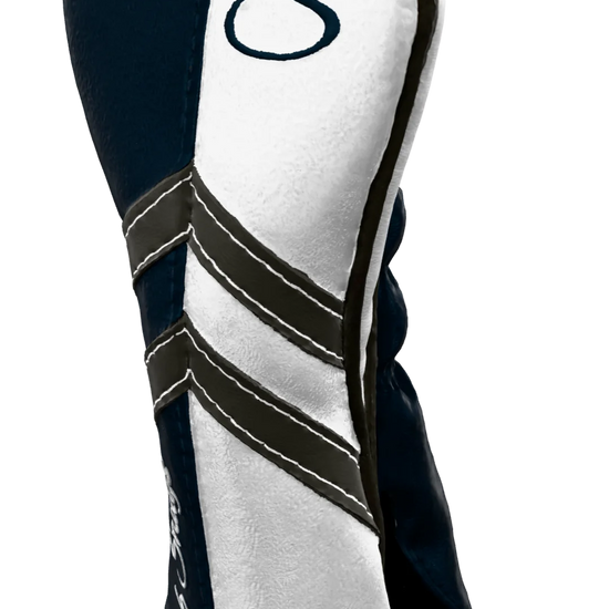 Right-Side view of a Navy, White, Gray, and Gray Retro-T Hybrid Headcover with Dual-V stripe and split seam