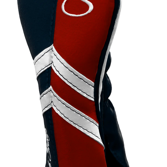 Right-Side view of a Navy, Red, White, and Navy Retro-T Hybrid Headcover with Dual-V stripe and split seam