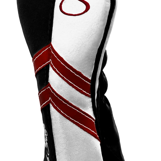 Right-Side view of a Black, White, Red, and Black Retro-T Hybrid Headcover with Dual-V stripe and split seam