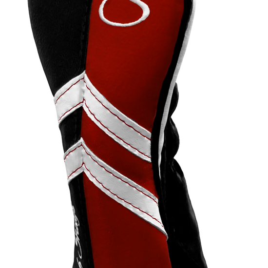 Right-Side view of a Black, Red, White, and Black Retro-T Hybrid Headcover with Dual-V stripe and split seam