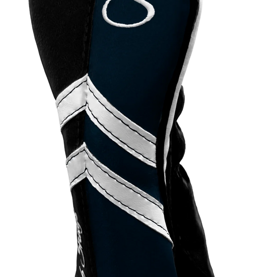 Right-Side view of a Black, Navy, White, and Black Retro-T Hybrid Headcover with Dual-V stripe and split seam