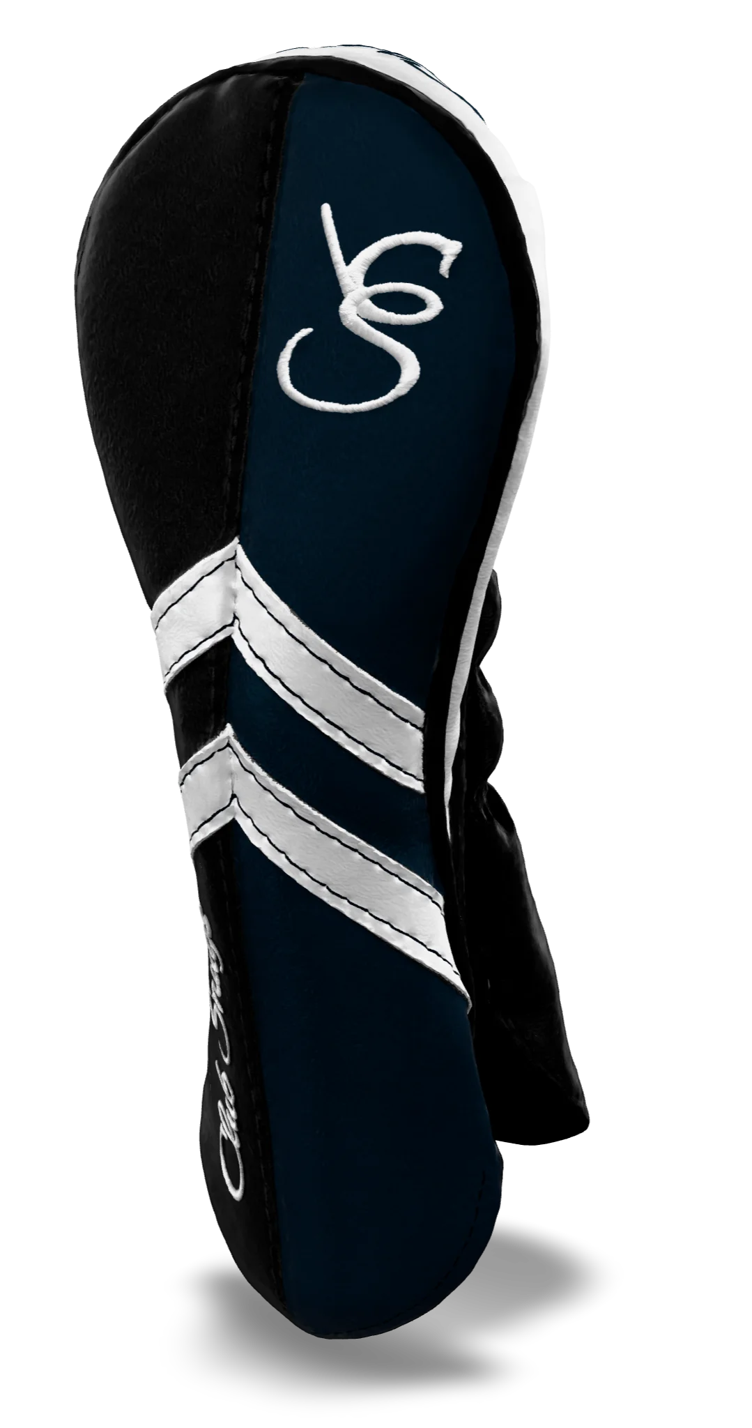 Right-Side view of a Black, Navy, White, and Black Retro-T Hybrid Headcover with Dual-V stripe and split seam