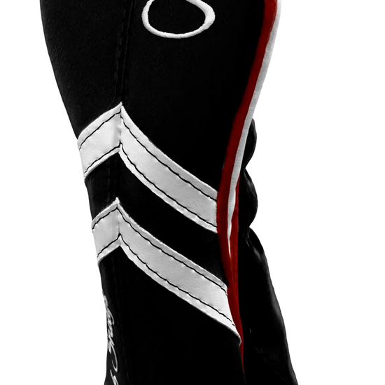 Right-Side view of a Black, Black, White, and Red Retro-T Hybrid Headcover with Dual-V stripe and split seam