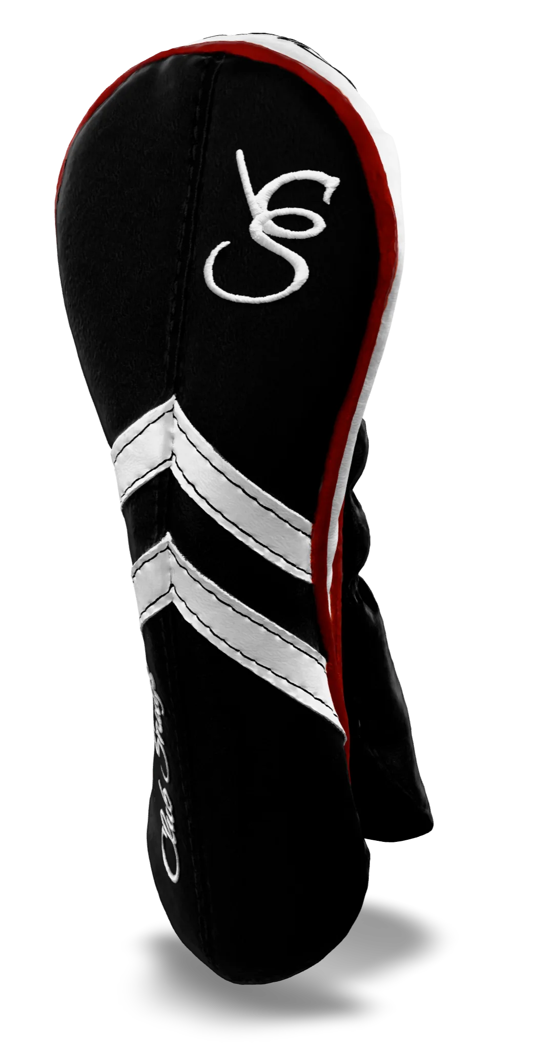 Right-Side view of a Black, Black, White, and Red Retro-T Hybrid Headcover with Dual-V stripe and split seam