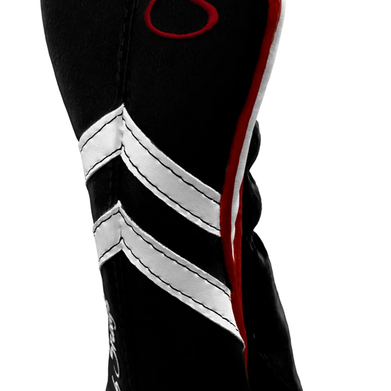 Right-Side view of a Black, Black, White, and Red Retro-T Hybrid Headcover with Dual-V stripe and split seam