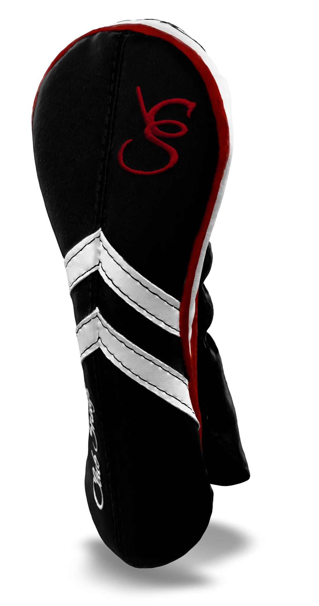 Right-Side view of a Black, Black, White, and Red Retro-T Hybrid Headcover with Dual-V stripe and split seam